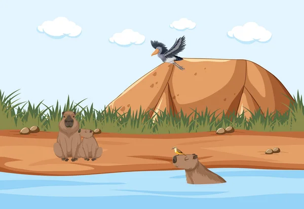Mokrá Lesní Scéna Ilustrací Capybary — Stockový vektor