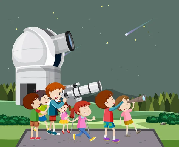 Csillagászat Téma Gyerekekkel Nézi Csillagok Illusztráció — Stock Vector