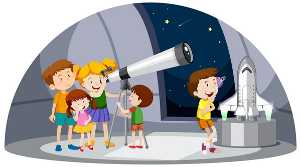 Tema Astronomia Com Crianças Olhando Para Ilustração Telescópio —  Vetores de Stock