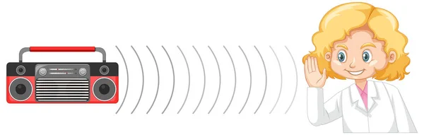 Naukowiec Dziewczyna Słyszy Dźwięk Ilustracją Radiową — Wektor stockowy