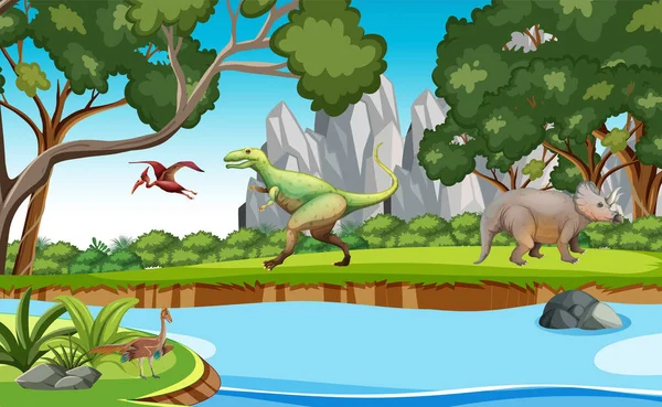 Природная Сцена Деревьями Горах Иллюстрацией Динозавров — стоковый вектор