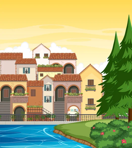 Italie Style Ville Maison Bâtiment Paysage Illustration — Image vectorielle