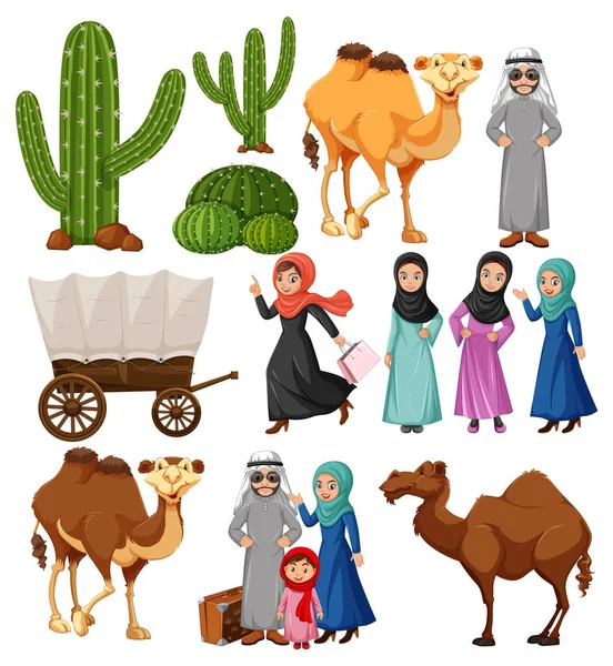 Popolo Arabo Con Cammello Cactus Piante Illustrazione — Vettoriale Stock
