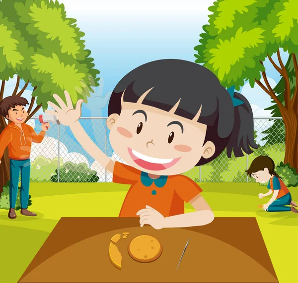 Niños Jugando Scratch Dalgona Cookie Parque Ilustración — Vector de stock
