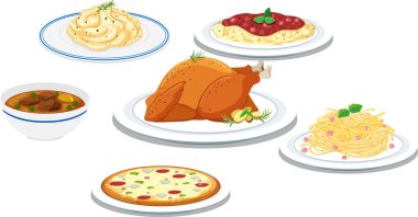 Beyaz arkaplan illüstrasyonunda çeşitli yiyecekler