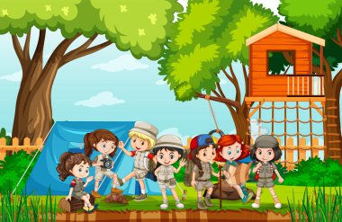 Çocuklu arka bahçe manzarası ve çit çizimi