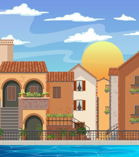 意大利城镇风格的房屋和建筑景观图解 — 图库矢量图片