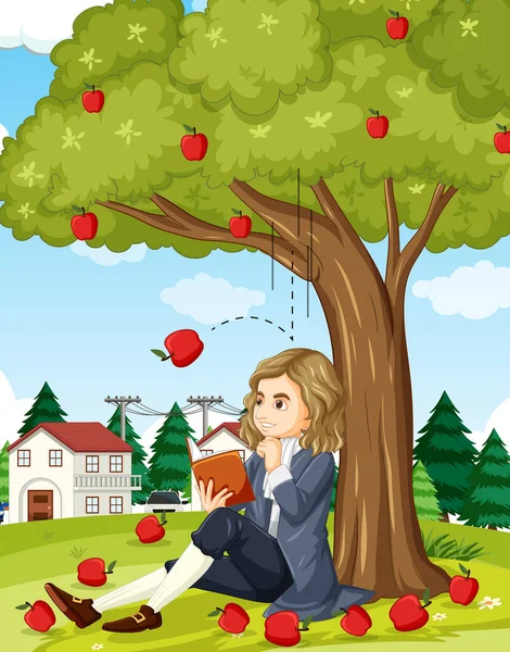 艾萨克 牛顿坐在苹果树插图下 — 图库矢量图片