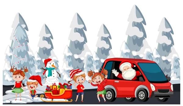 Santa Claus Voiture Conduite Avec Des Enfants Heureux Dans Illustration — Image vectorielle