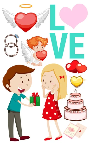 Valentinstag Thema Mit Liebhabern Und Kuchen Illustration — Stockvektor