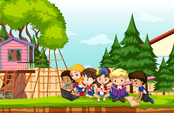 Outdoor Park Scene Met Kinderen Illustratie — Stockvector