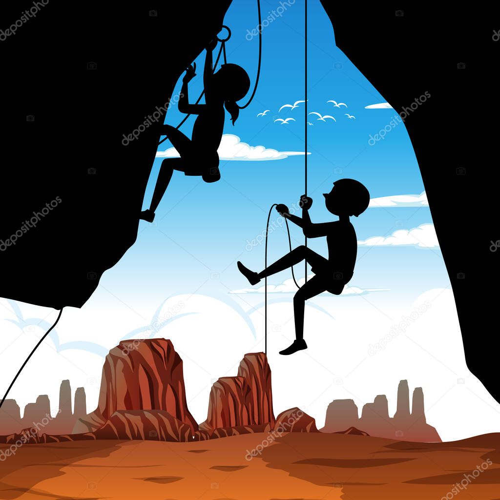 Silhouette rock climbing background illustration
