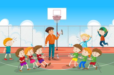 Fiziksel aktivite illüstrasyonu yapan çocuklar