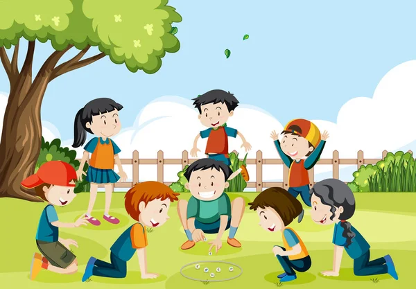 户外公园 孩子们在玩弹珠插图 — 图库矢量图片