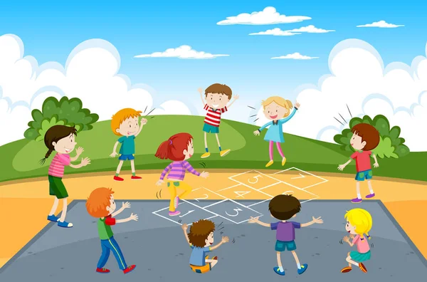 Enfants Jouant Jeu Marelle Illustration Parc — Image vectorielle
