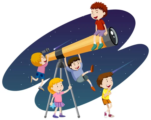 Csillagászat Téma Gyerekekkel Nézi Teleszkóp Illusztráció — Stock Vector