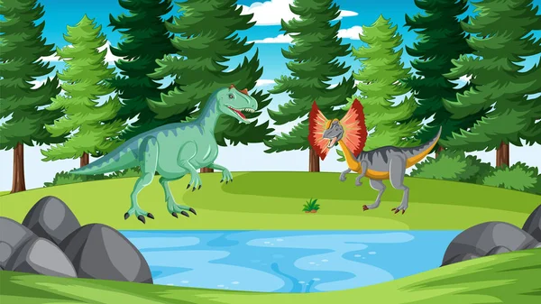 Cena Natureza Com Lagoa Ilustração Dinossauro —  Vetores de Stock