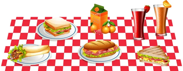 Eten Drinken Set Voor Picknick Illustratie — Stockvector