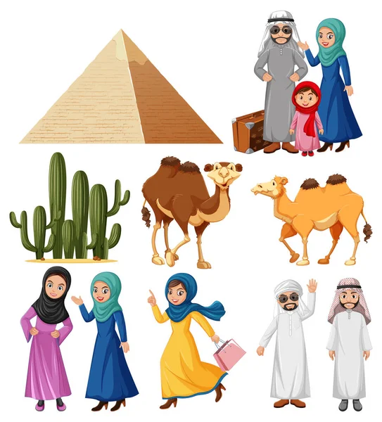 Araber Mit Kamel Und Kakteenpflanzen Illustration — Stockvektor