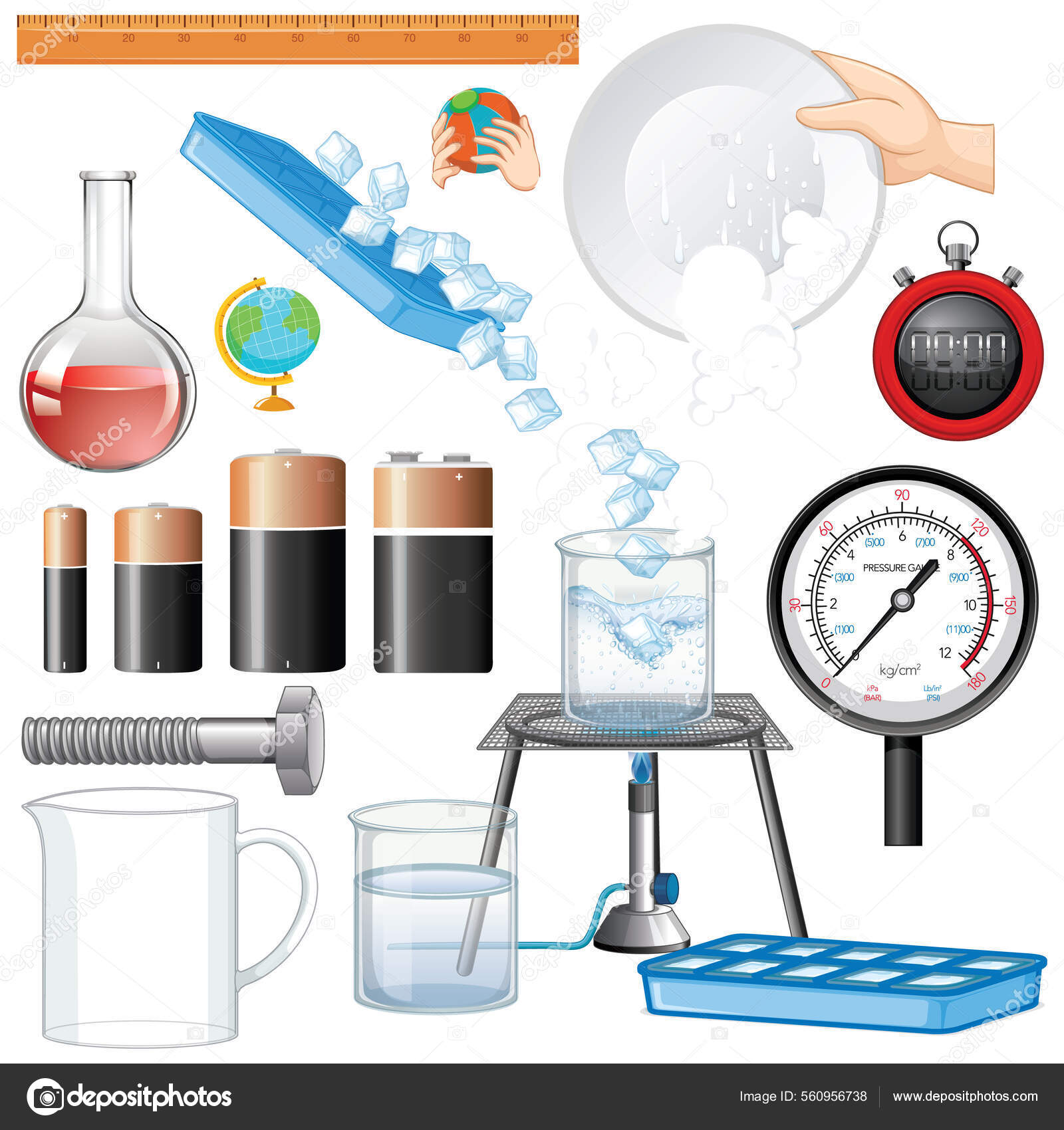 Different Science Equipments White Background Illustration Stock Vector