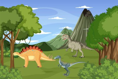 Dinozor resimli dağlardaki ağaçların olduğu doğa sahnesi