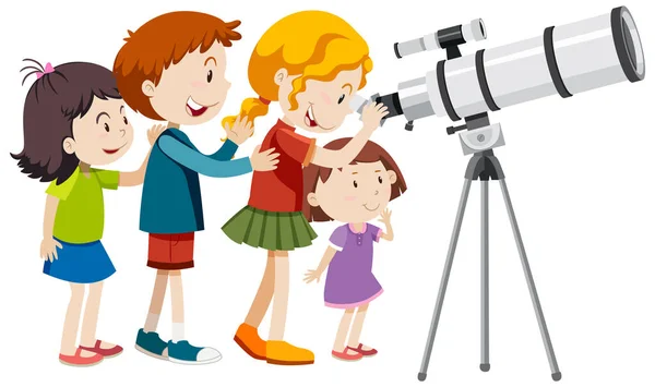 Sok Gyerek Nézi Teleszkóp Illusztráció — Stock Vector