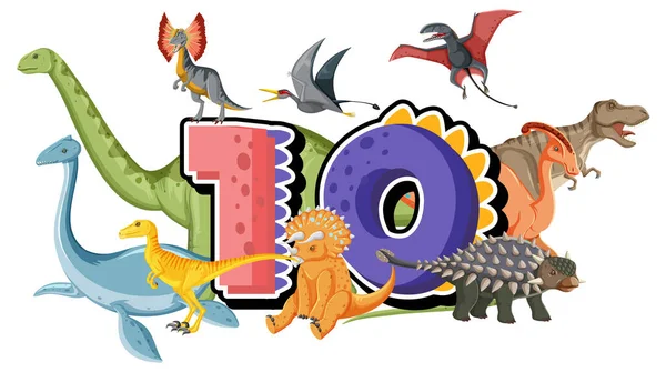Deset Dinosaurů Číslem Deset Kreslené Ilustrace — Stockový vektor