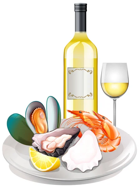 Meeresfrüchte Und Weißwein Set Illustration — Stockvektor