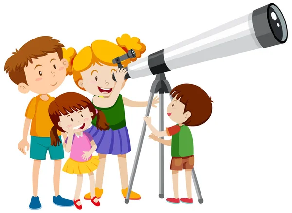 Molti Bambini Che Guardano Attraverso Telescopio Illustrazione — Vettoriale Stock