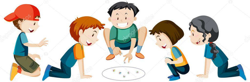 Children playing marbles on white background illustration
