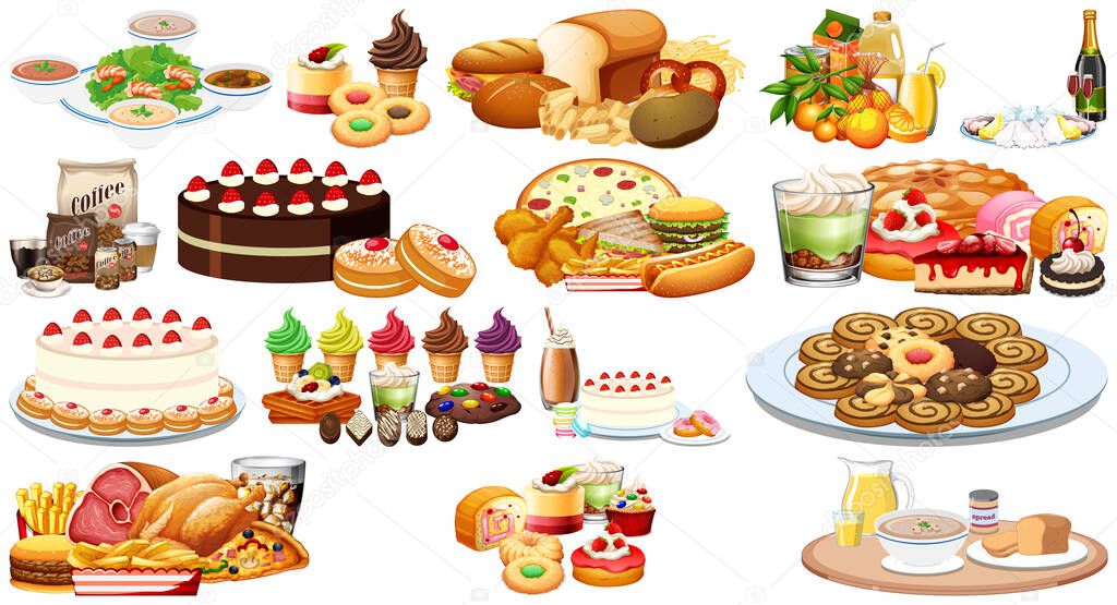 Set of different foods and beverages illustration