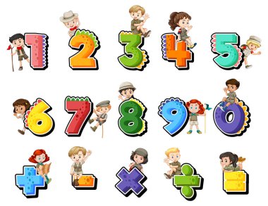 0 'dan 9' a kadar sayma ve matematik sembolleri resimleme