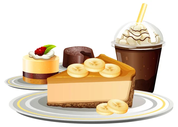 Dessert Und Getränke Mit Bananenkaffee Und Schokoladenfrappenillustration — Stockvektor