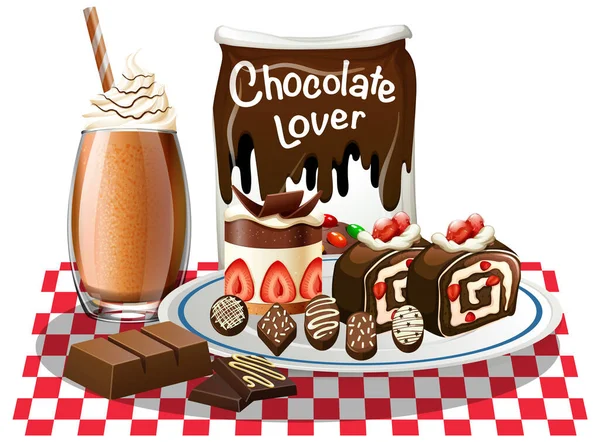 巧克力甜点和饮料套装插图 — 图库矢量图片