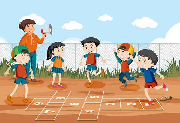 Niños Jugando Hopscotch Juego Parque Ilustración — Vector de stock