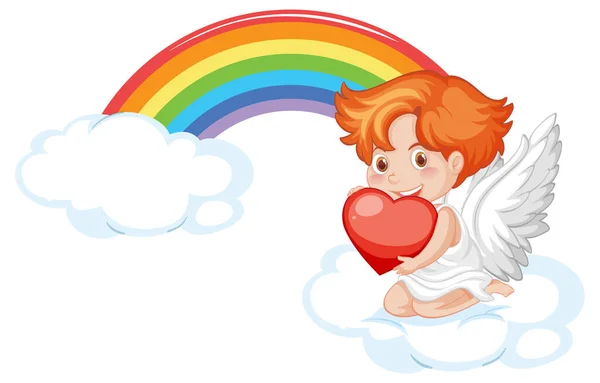 Ángel Niño Sosteniendo Corazón Rojo Fondo Del Arco Iris Ilustración — Archivo Imágenes Vectoriales