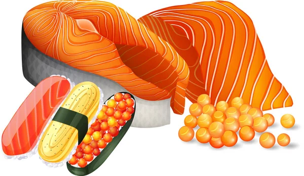Zalmvlees Sushi Witte Achtergrond Illustratie — Stockvector