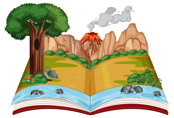 Книга Сценой Извержения Вулкана — стоковый вектор