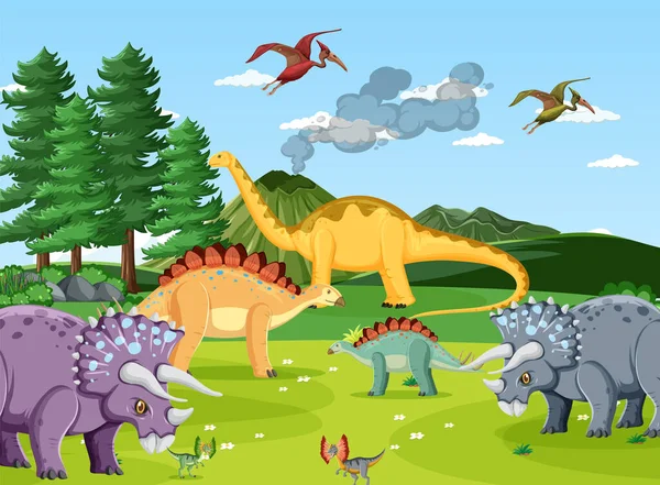 Dinozaur Prehistorycznej Scenie Leśnej Ilustracji — Wektor stockowy