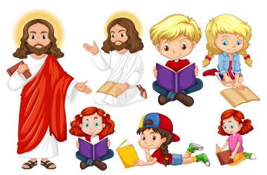 Holyman ve çocuklar kitap illüstrasyonu okuyorlar.