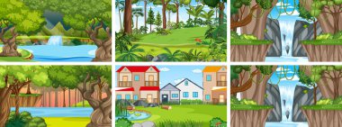 Birçok ağaç ve şelale resimli doğa sahnesi