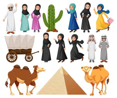 Piramit ve deve resimli Arap insanları