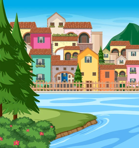 意大利城镇风格的房屋和建筑景观图解 — 图库矢量图片