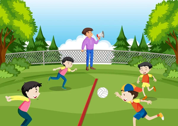 Enfants Faisant Activité Physique Avec Illustration Volleyball — Image vectorielle