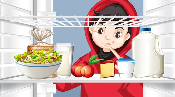 Garçon Regardant Nourriture Dans Réfrigérateur Illustration — Image vectorielle