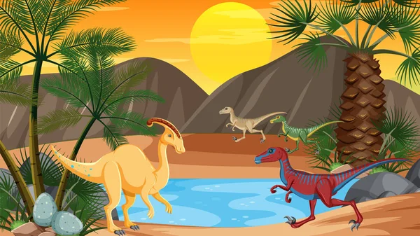 Scen Med Dinosaurier Vid Floden Illustration — Stock vektor