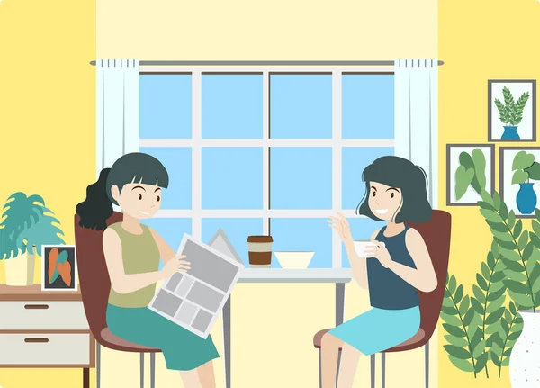 Two Women Drinking Coffee Room Illustration — ストックベクタ