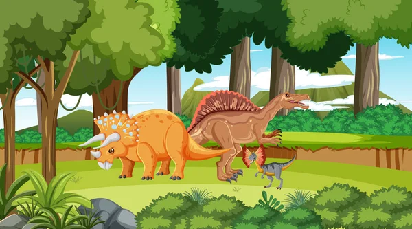 Escena Con Dinosaurios Bosque Ilustración — Archivo Imágenes Vectoriales