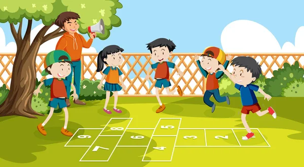 Crianças Jogando Hopscotch Jogo Parque Ilustração — Vetor de Stock