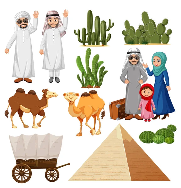 带有骆驼和仙人掌图解的阿拉伯人 — 图库矢量图片